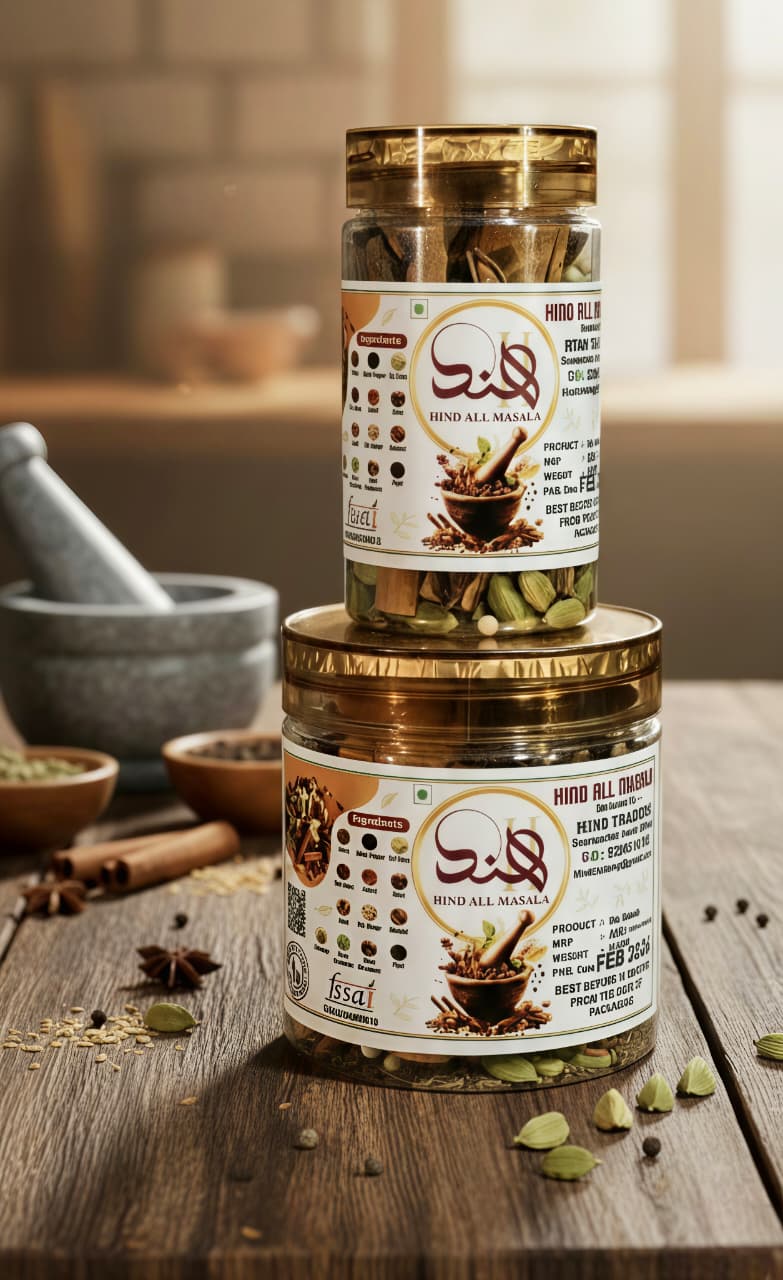 Hind All Masala masala jars stacked – whole spice products by Hind Traders