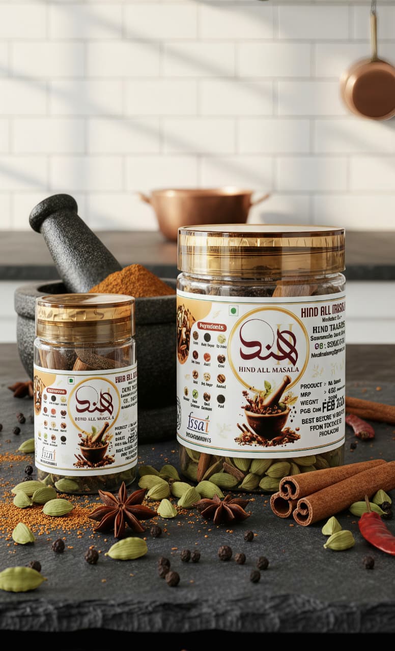 Hind All Masala product jars – raw Indian masala and whole spices by Hind Traders