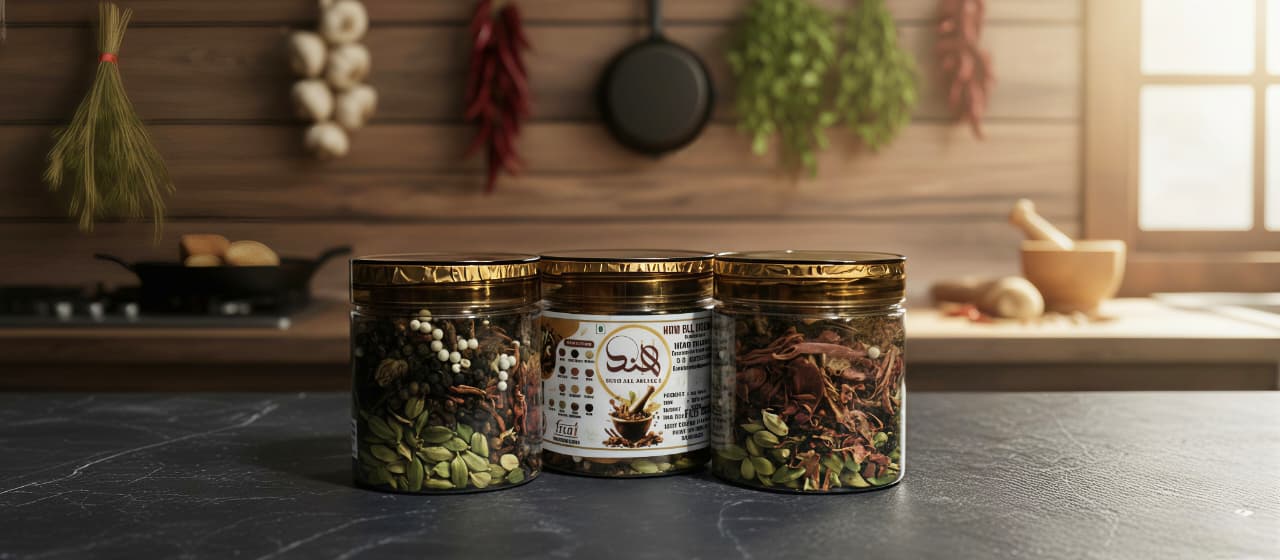 Hind All Masala product jars – raw Indian spices range displayed in kitchen